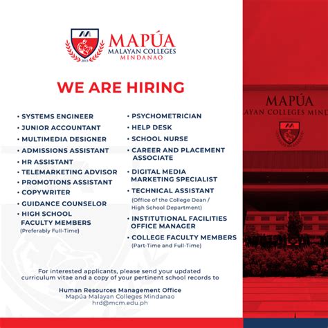 Job Hiring Various Positions For Malayan Colleges Mindanao Mapua