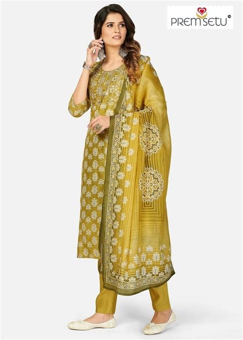 Model Silk Fabric Leman Yellow Premsetu Printed Straight Kurti Pant