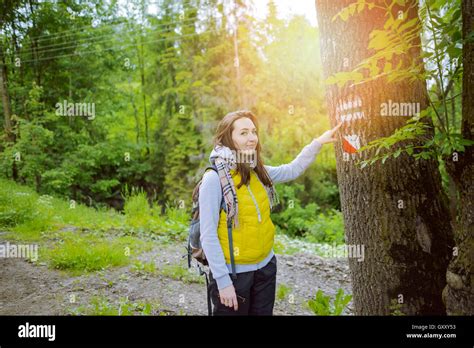 Brunette Woman Hiker Hiking On Trail In Summer Time Tatra Mountain In Poland Stock Photo Alamy