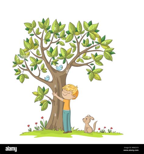 Boy Hugs A Tree Hand Draw Vector Illustration With Separate Layers