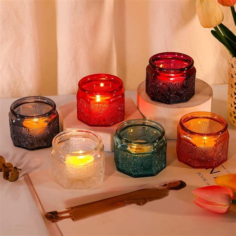 Set Of 6 Glass Tea Light Candle Holders With Lid Colored Tea Lights Candles Holders