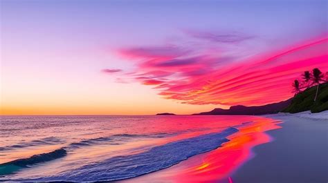 Premium AI Image | A sunset with a beach and a pink sunset.