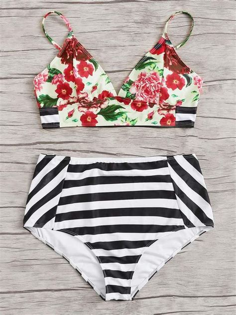 Shein Plus Floral Seam Top With Striped Bikini Plus Size Swimwear