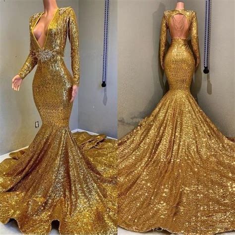 Gold Prom Dresses Long Sleeve Prom Dresses Crystal Evening Dresses Mermaid Formal Dresses