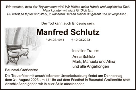 Traueranzeigen Von Manfred Schlutz Trauer Hna De