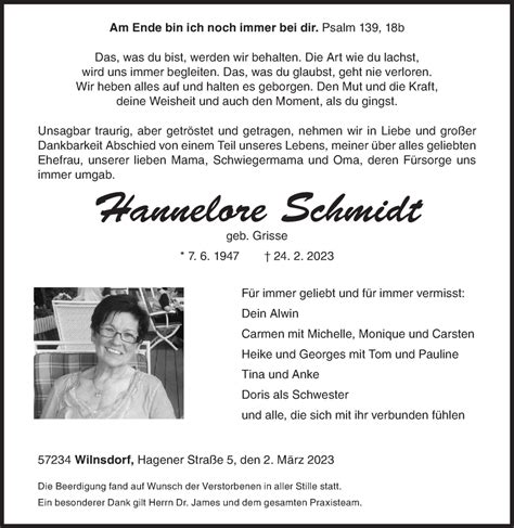 Traueranzeigen Von Hannelore Schmidt Trauer De