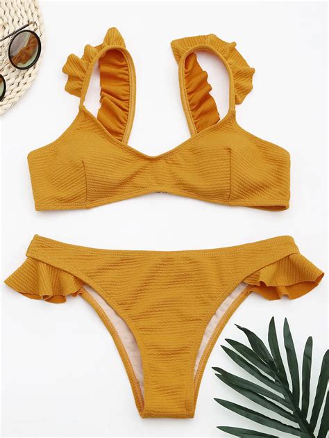 ZAFUL Ruffles Bikini Rib Textured Women Swimsuit Bikini Set Flounce