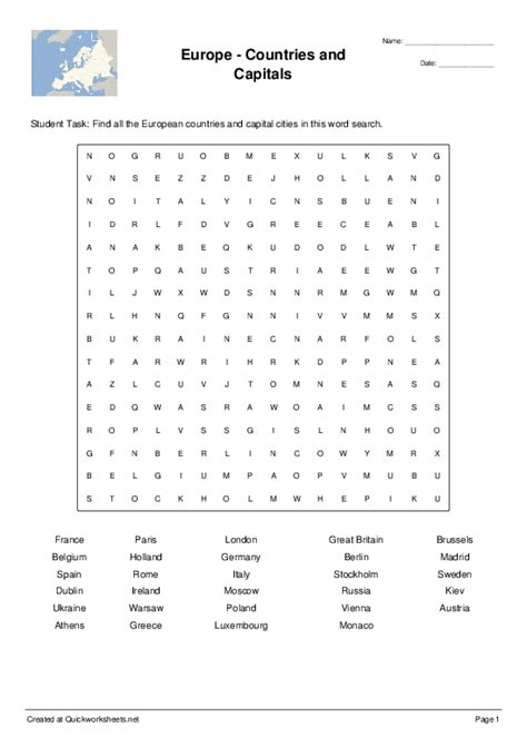 Europe - Countries and Capitals - Wordsearch - Quickworksheets