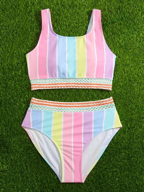 Teen Girls Block Striped Bikini Swimsuit Shein Usa