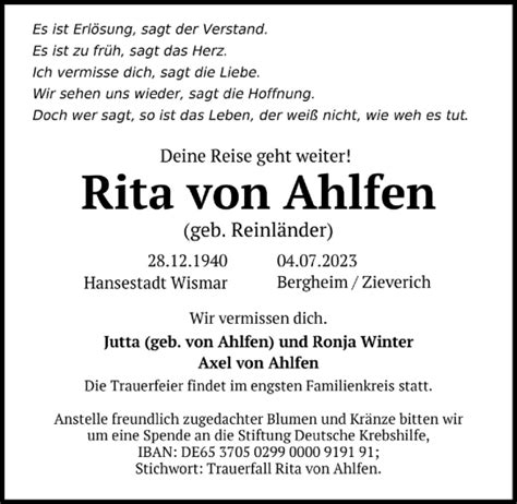 Traueranzeigen Von Rita Von Ahlfen WirTrauern