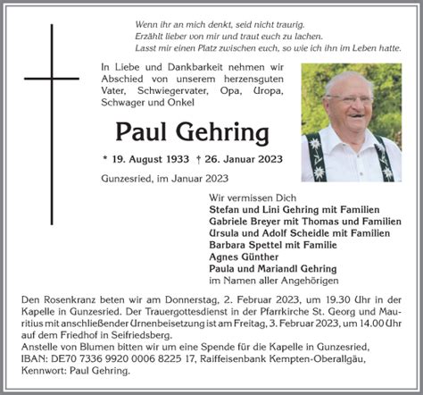 Traueranzeigen von Paul Gehring Allgäuer Zeitung