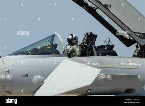 Fighter pilot. Royal Air Force, RAF, Eurofighter Typhoon pilot in front cockpit. Cockpit canopy ...