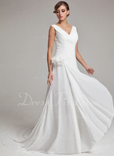 A Line Princess V Neck Chapel Train Chiffon Wedding Dress With Feather