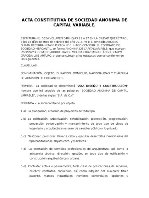 Acta Constitutiva De Sociedad Anonima De Capital Variable Liquidación México