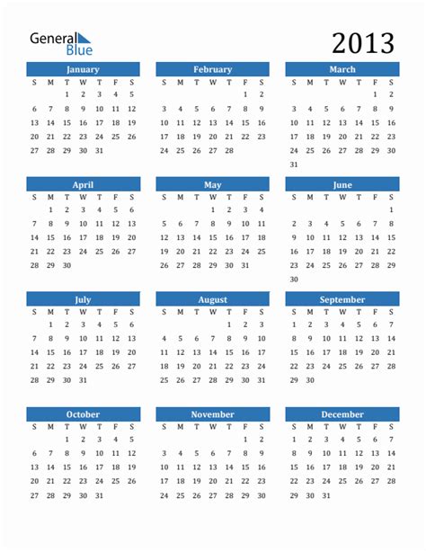 Free 2013 Calendars in PDF, Word, Excel