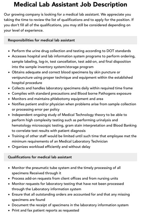 Medical Lab Assistant Job Description Velvet Jobs