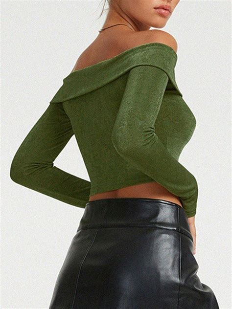 Emmiol Free Shipping 2023 Black Off Shoulder Long Sleeve Crop Top Green