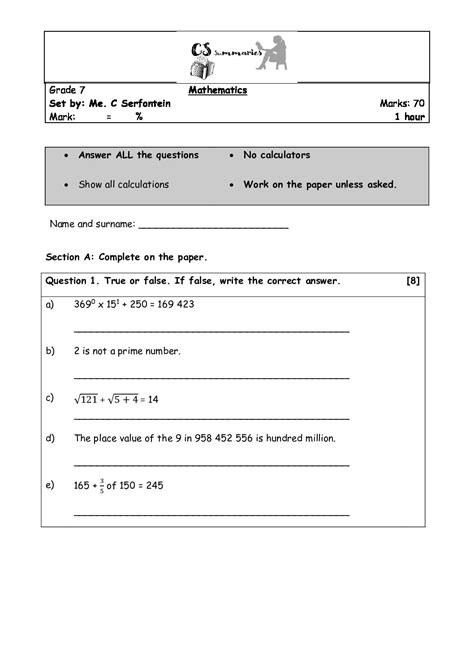 Grade 7 Mathematics Questions And Answers Worksheets Maths Y