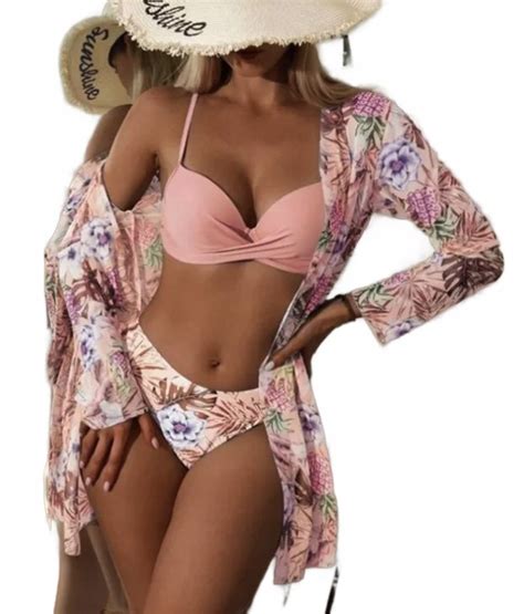 Strój Kąpielowy Bikini Z Pareo Kwiaty Biustonosz Push Up Wysoki Stan Xl Inna marka Moda