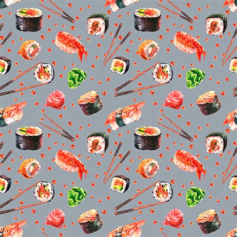 Premium Photo Seamless Watercolor Pattern With Sushi Rolls Nigiri