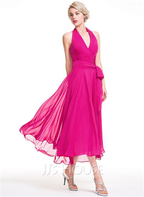 A Lineprincess Halter Asymmetrical Chiffon Bridesmaid Dress With Ruffle Bows 007087721