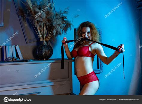 Beautiful Naked Redhead Woman Red Lingerie Posing Dark Studio Stock Photo Design Ua