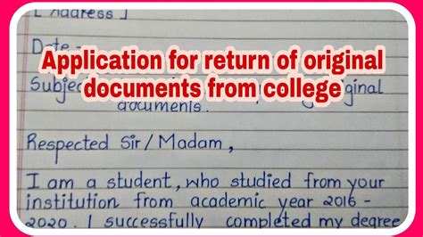 Application For Return Of Original Documents From College Original