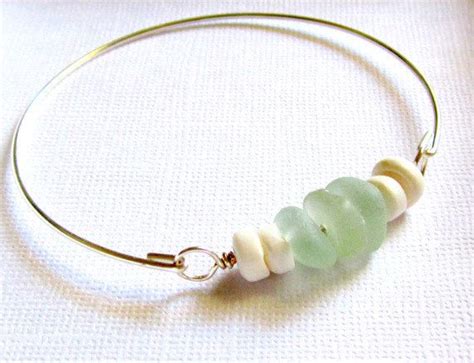 Sea Glass Puka Shell Bangle Bracelet Seaglass Jewelry Garden Leaf