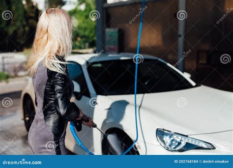 Beautiful Blonde Woman Washes Car Foam At Car Wash Stock Photo Image Of Fashion Cute 202768184