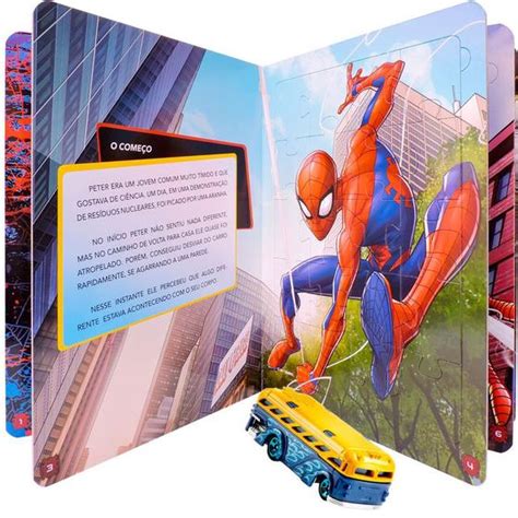 Carrinho Hot Wheels Nibus Surfin School Bus Livro Quebra Cabe As Homem Aranha Mattel