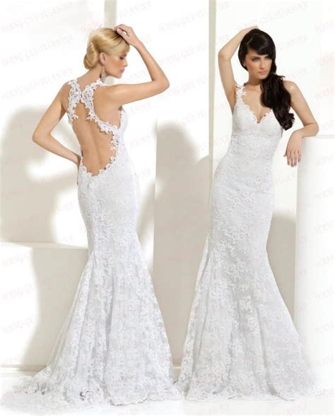 New Arrival V Neck Open Back Lace Mermaid Sweep Wedding Dress Bridal