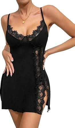 Lilosy Sexy Split Side Floral Eyelash Lace Babydoll Lingerie Dress One Piece Women Slit Pajamas