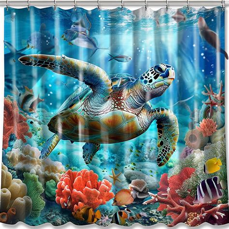 Underwater Marine Life Shower Curtain Sea Turtle Coral Reef Fish