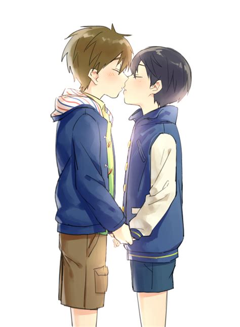 Safebooru 2boys Black Hair Brown Hair Closed Eyes Free Hand Holding High Speed Kiss Male