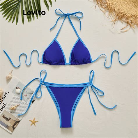 Lovito Women Boho Plain Contrast Binding Bikini Sets Lbl Shopee Philippines