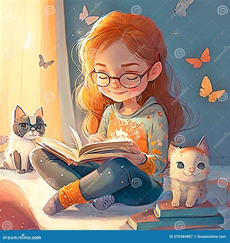 Little Girl Reading a Book with Her Cat at Home, Cartoon Kid ...