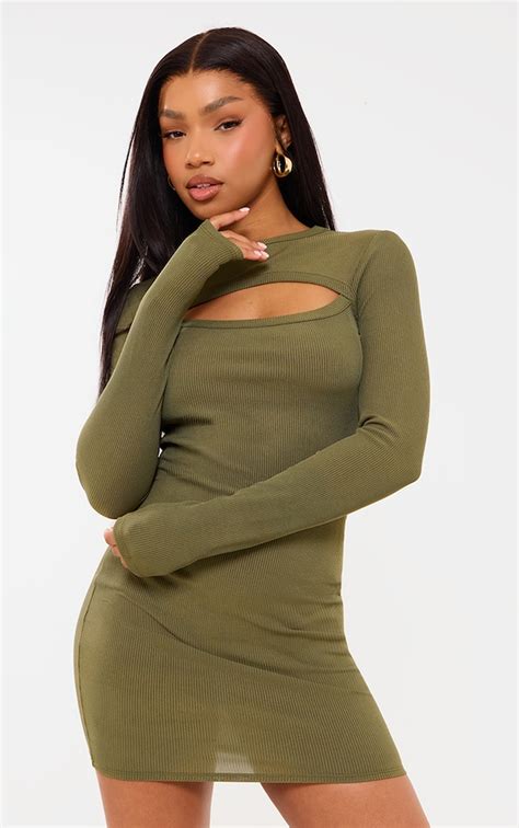 Pale Khaki Rib Cut Out Long Sleeve Bodycon Dress Dresses