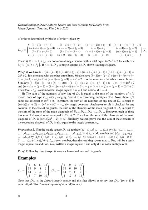 Generalization of Dürer s Magic Square and New Methods for Doubly Even