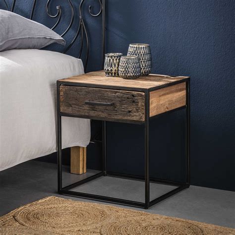 Table De Nuit Bois Recycl Brut Acier Tiroir Wellington Tables De