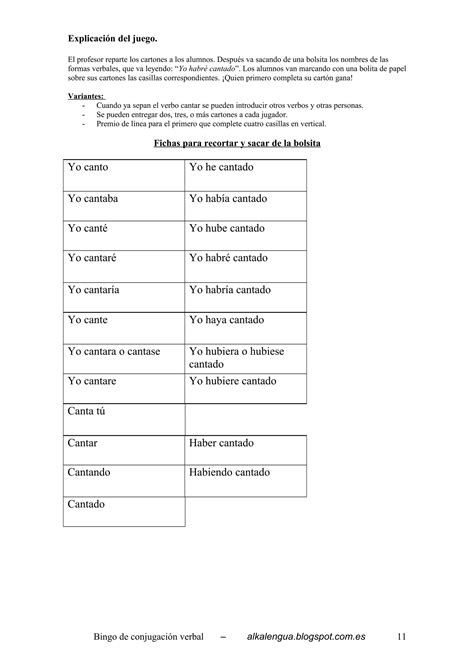 Bingo de conjugación verbal PDF