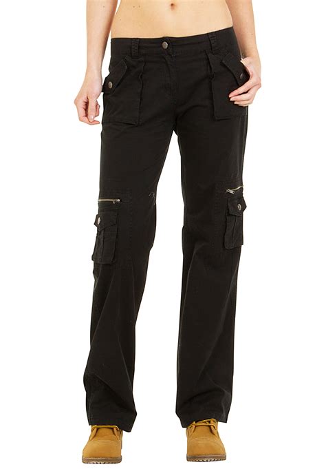 New Womens Black Mid Rise Lightweight Wide Leg Cargo Pants Combat