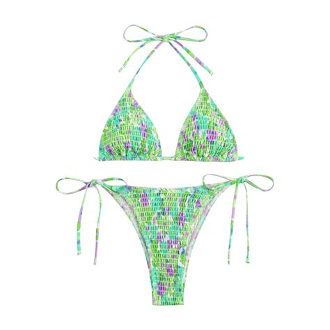 Arnsht Women S Piece Floral Printing Bikini Sets Smocked Drawstring Side Triangle Halter