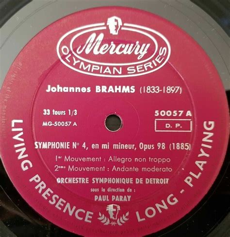 Brahms Paul Paray The Detroit Symphony Orchestra Symphony No 4 Vinyle