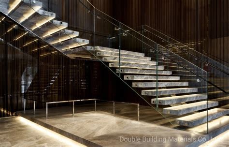 Modern Staircase With Marble Steps Mono Stringer Glass Railing Luxury