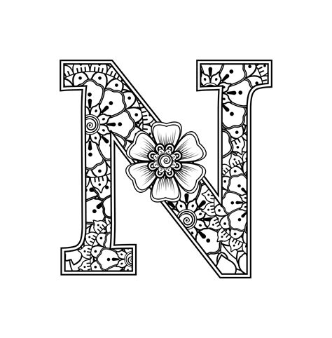 Letter N Made Of Flowers In Mehndi Style Coloring Book Page Outline