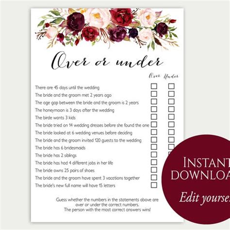 Blush And Burgundy Over Or Under Game Printable Bridal Shower Etsy