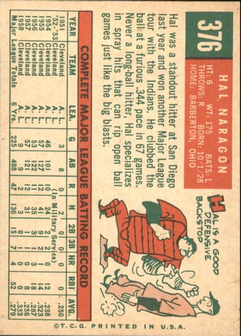 1959 Topps Cleveland Indians Baseball Card 376 Hal Naragon EX MT EBay