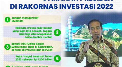 5 Arahan Bapak Presiden Joko Widodo Di Rakornas Investasi 2022