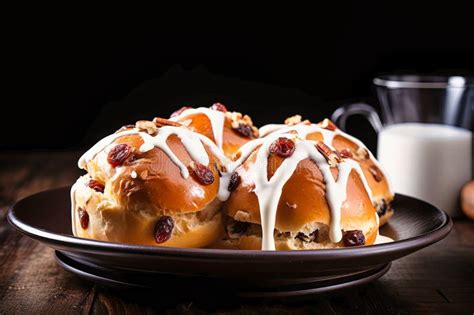 Wooden Plate Filled With Hot Cross Buns Stock Image Image Of Easter Spicy