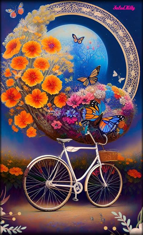 A Painting Of A Bicycle With Flowers And Butterflies On It